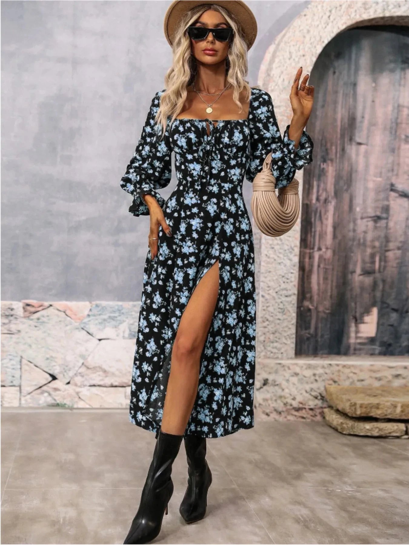 Floral Print Square Neck Flounce Sleeve Dress with Side Slit