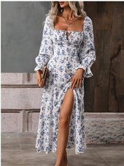Floral Print Square Neck Flounce Sleeve Dress with Side Slit White / S