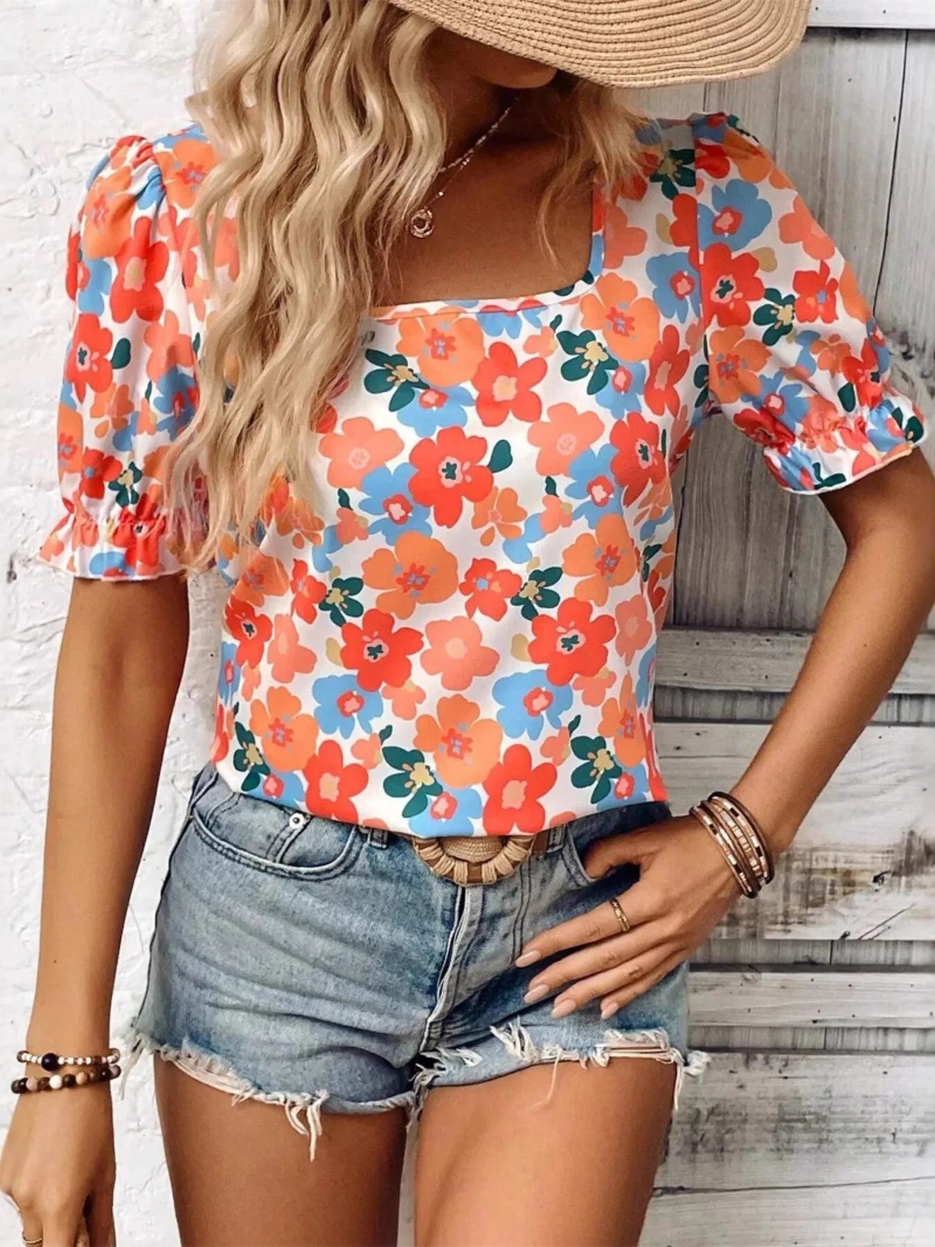 Floral Print Square Neck Puff Sleeve Blouse