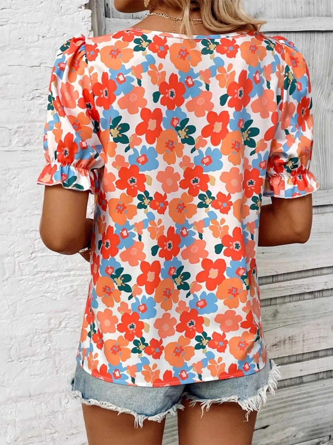 Floral Print Square Neck Puff Sleeve Blouse