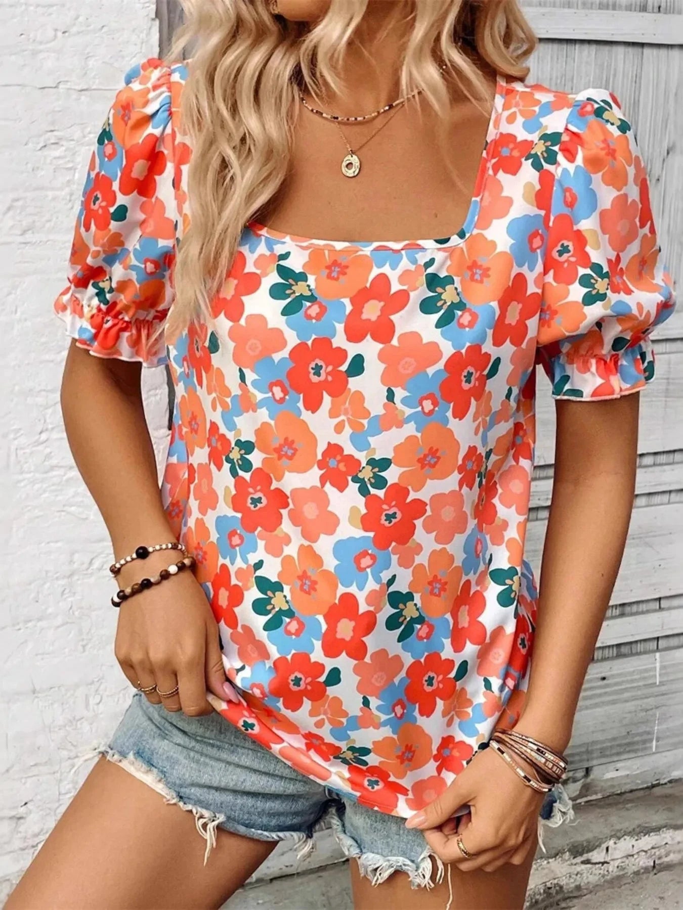 Floral Print Square Neck Puff Sleeve Blouse