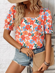 Floral Print Square Neck Puff Sleeve Blouse Coral / S