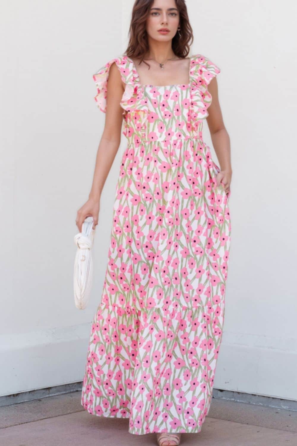 Floral Print Square Neck Ruffled Cap Sleeve Maxi Dress Blush Pink / 2XL