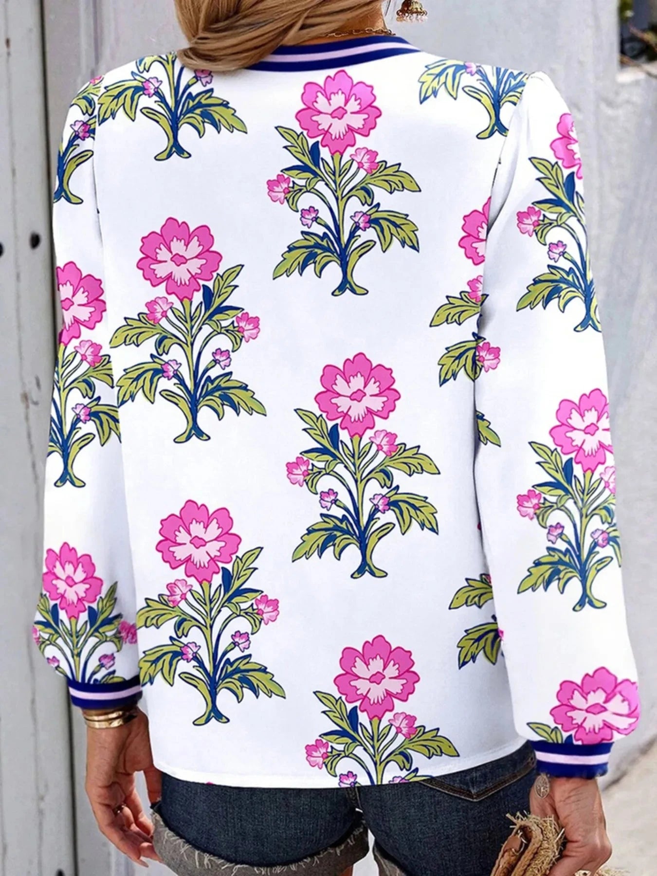 Floral Print Striped V Neck Blouse