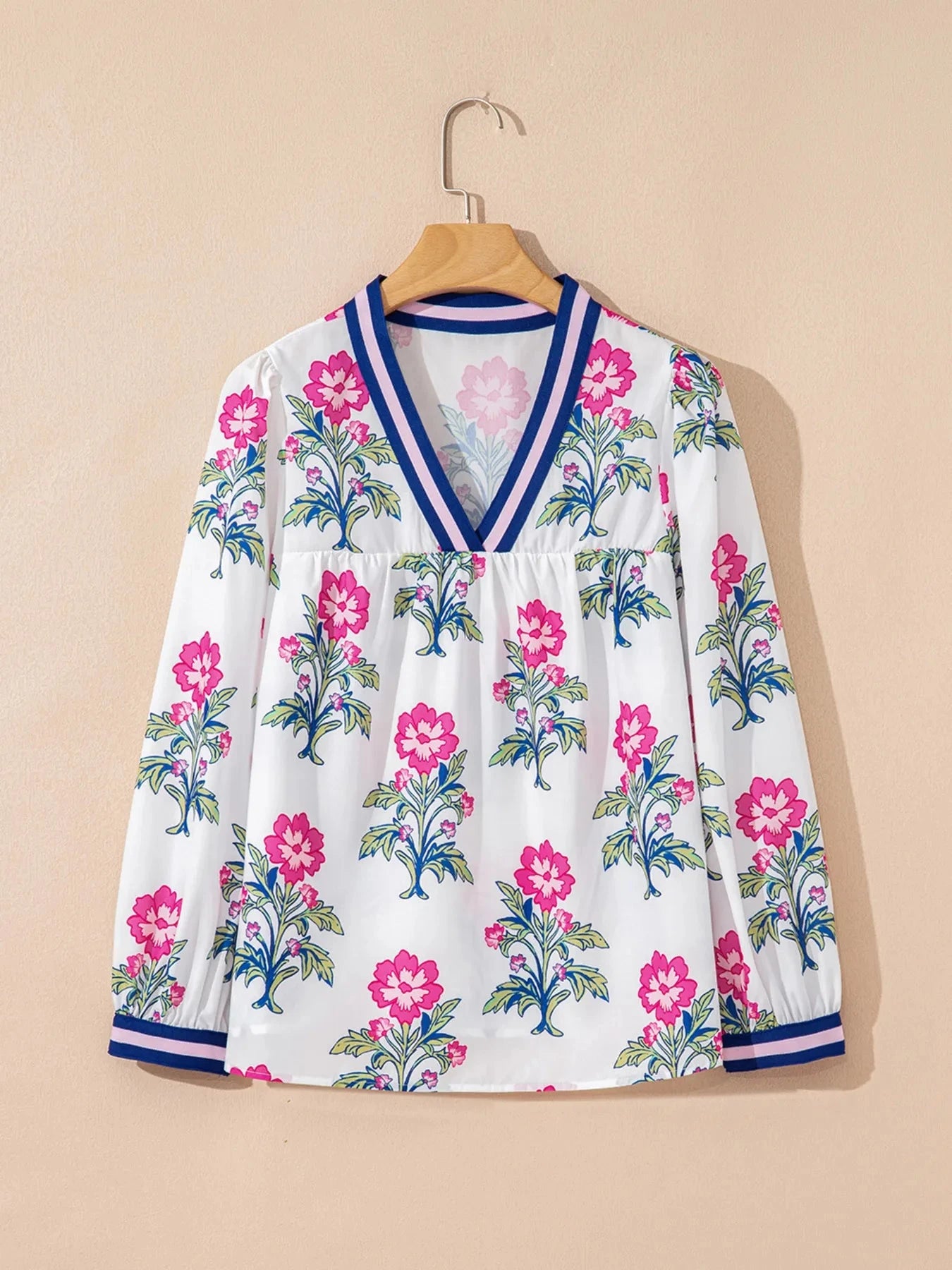 Floral Print Striped V Neck Blouse