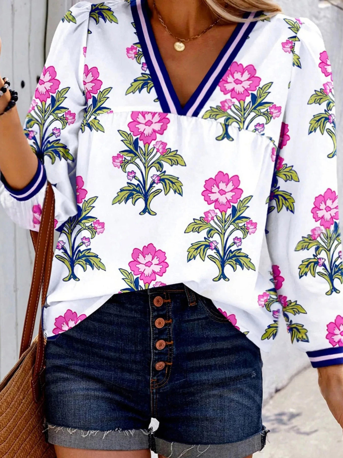 Floral Print Striped V Neck Blouse White / S
