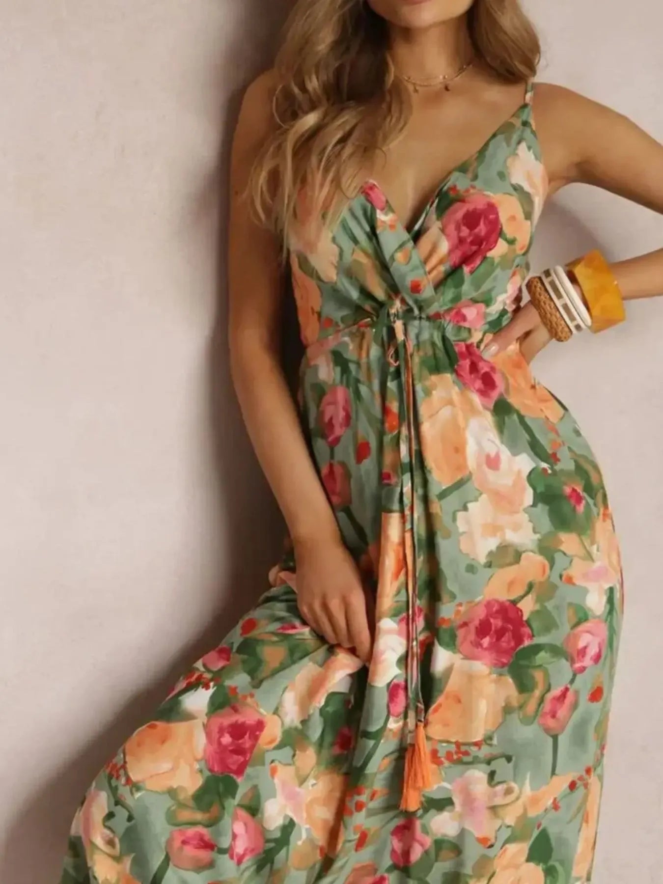Floral Print Surplice Spaghetti Strap Maxi Dress