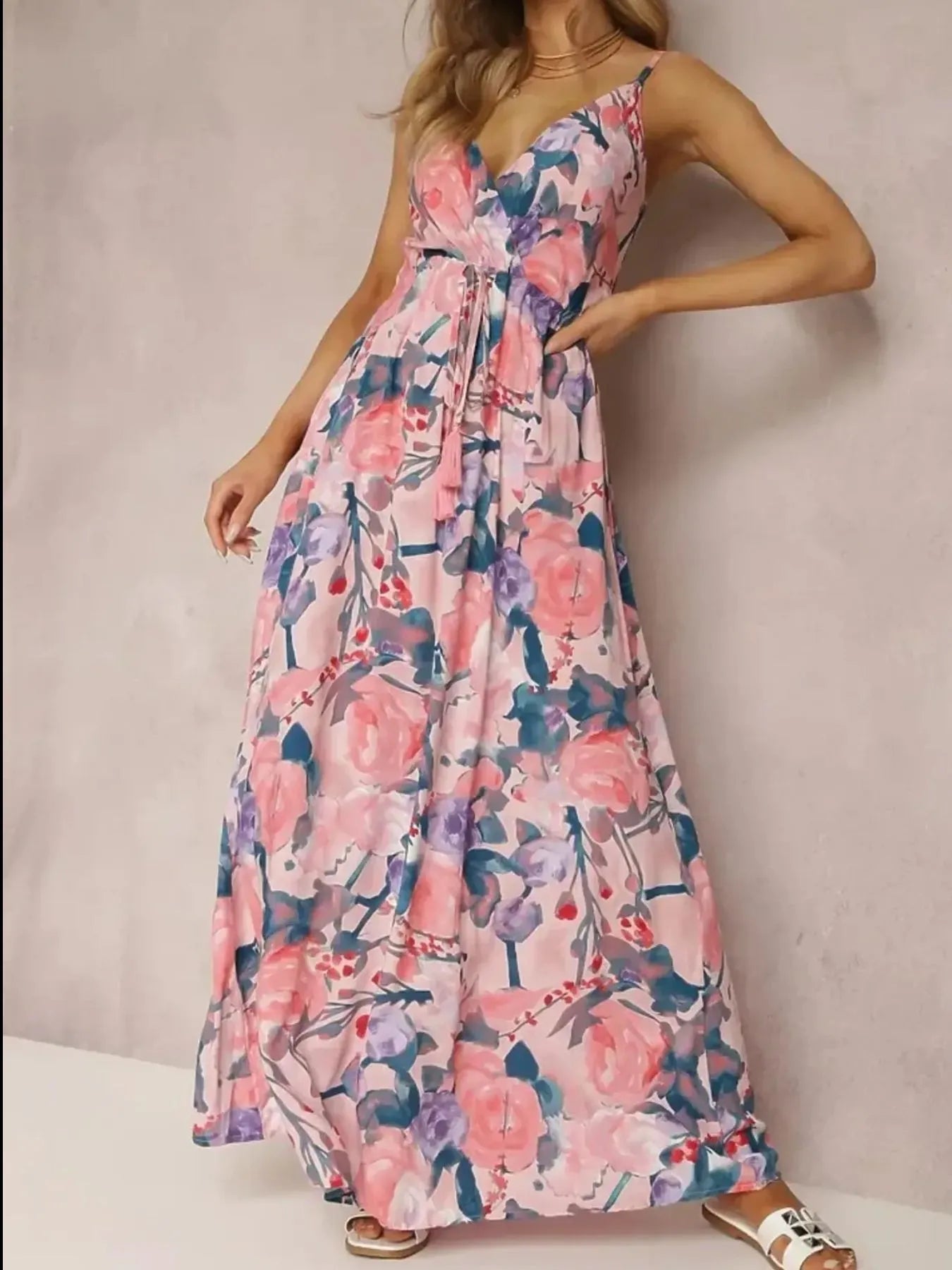 Floral Print Surplice Spaghetti Strap Maxi Dress
