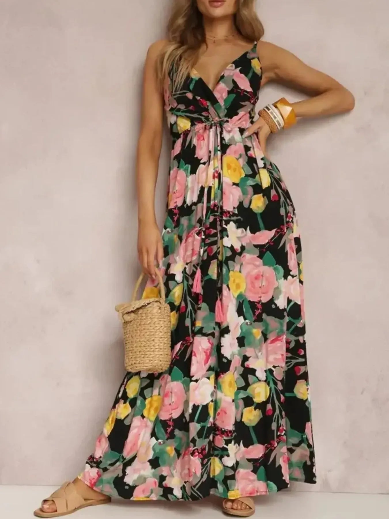 Floral Print Surplice Spaghetti Strap Maxi Dress Black / S