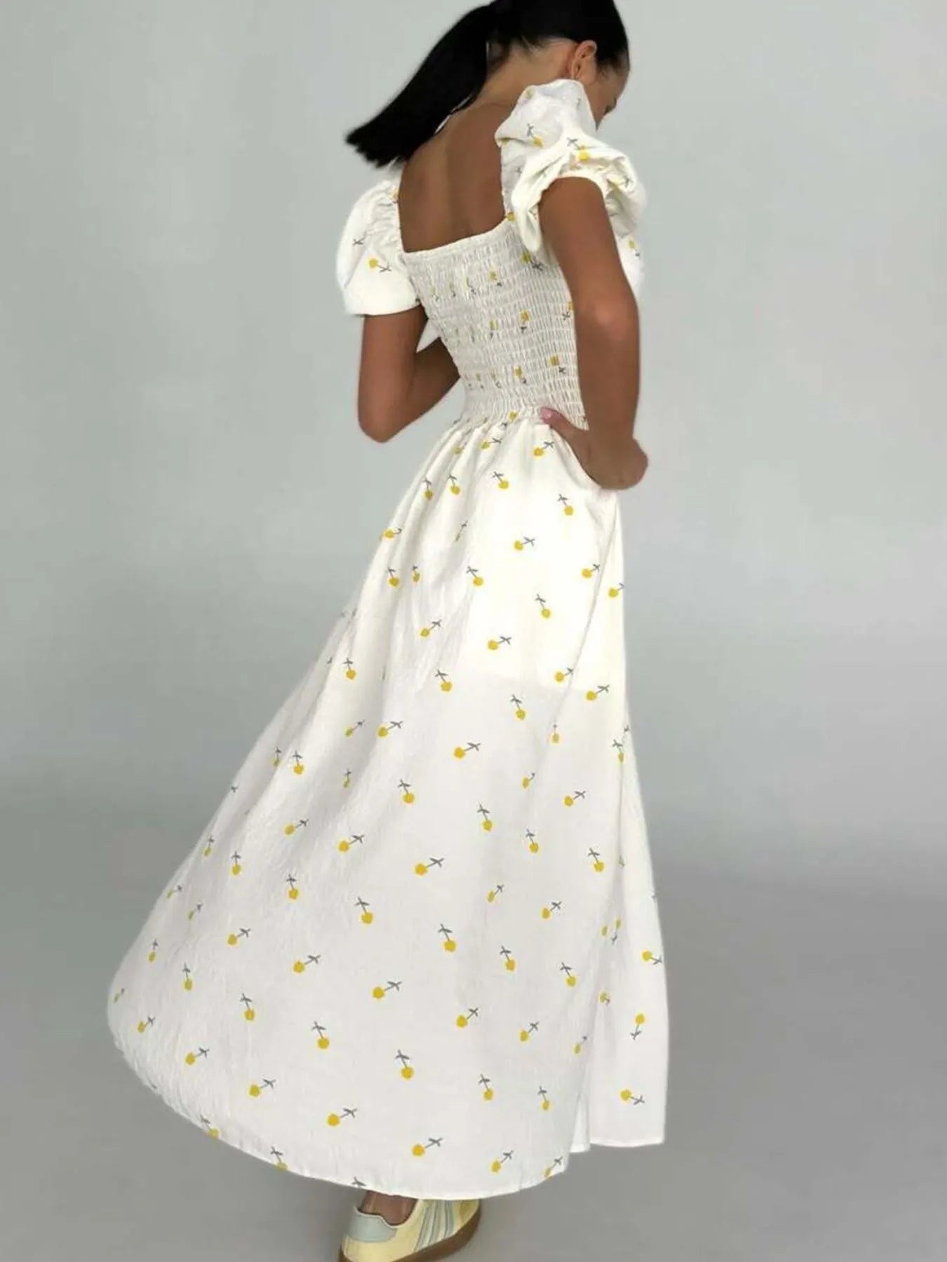 Floral Print Sweetheart Neck Puff Sleeve Midi Dress