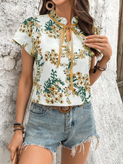 Floral Print Tie Neck Short Sleeve Blouse