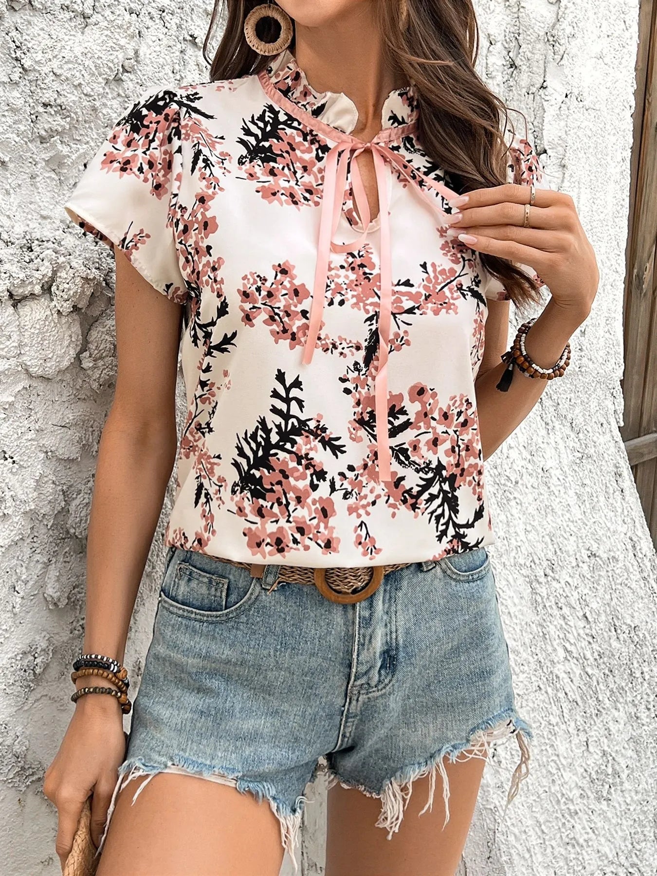 Floral Print Tie Neck Short Sleeve Blouse