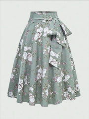 Floral Print Tied Skirt Green / XS