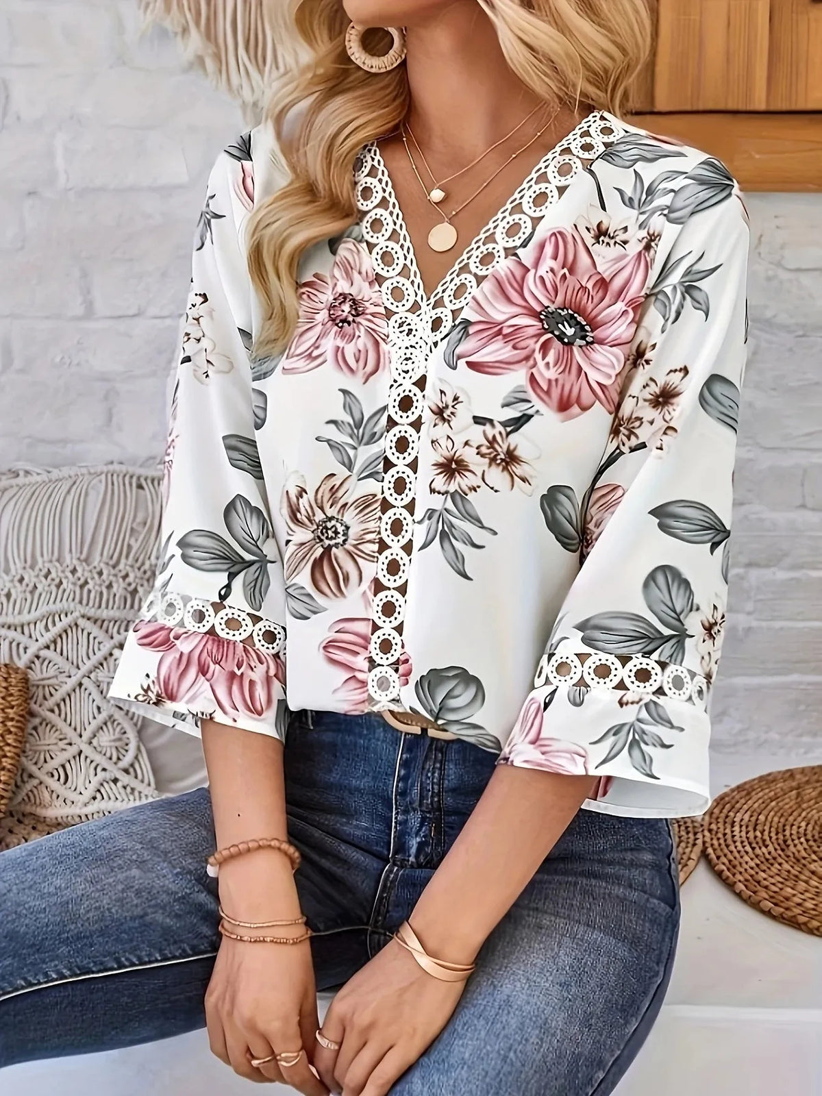 Floral Print V-Neck Blouse White / S