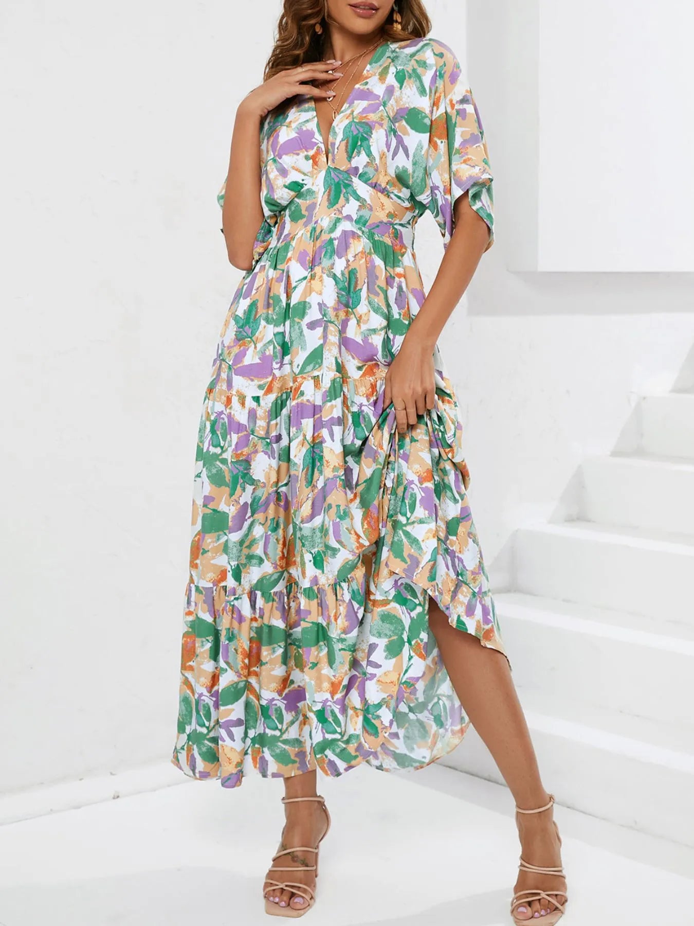 Floral Print V-neck Boho Midi Dress