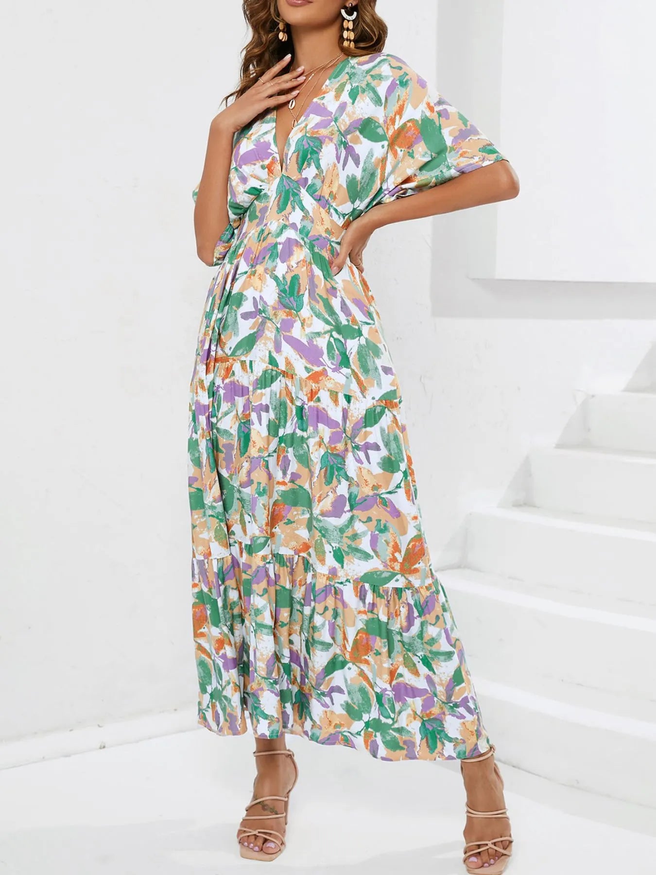 Floral Print V-neck Boho Midi Dress