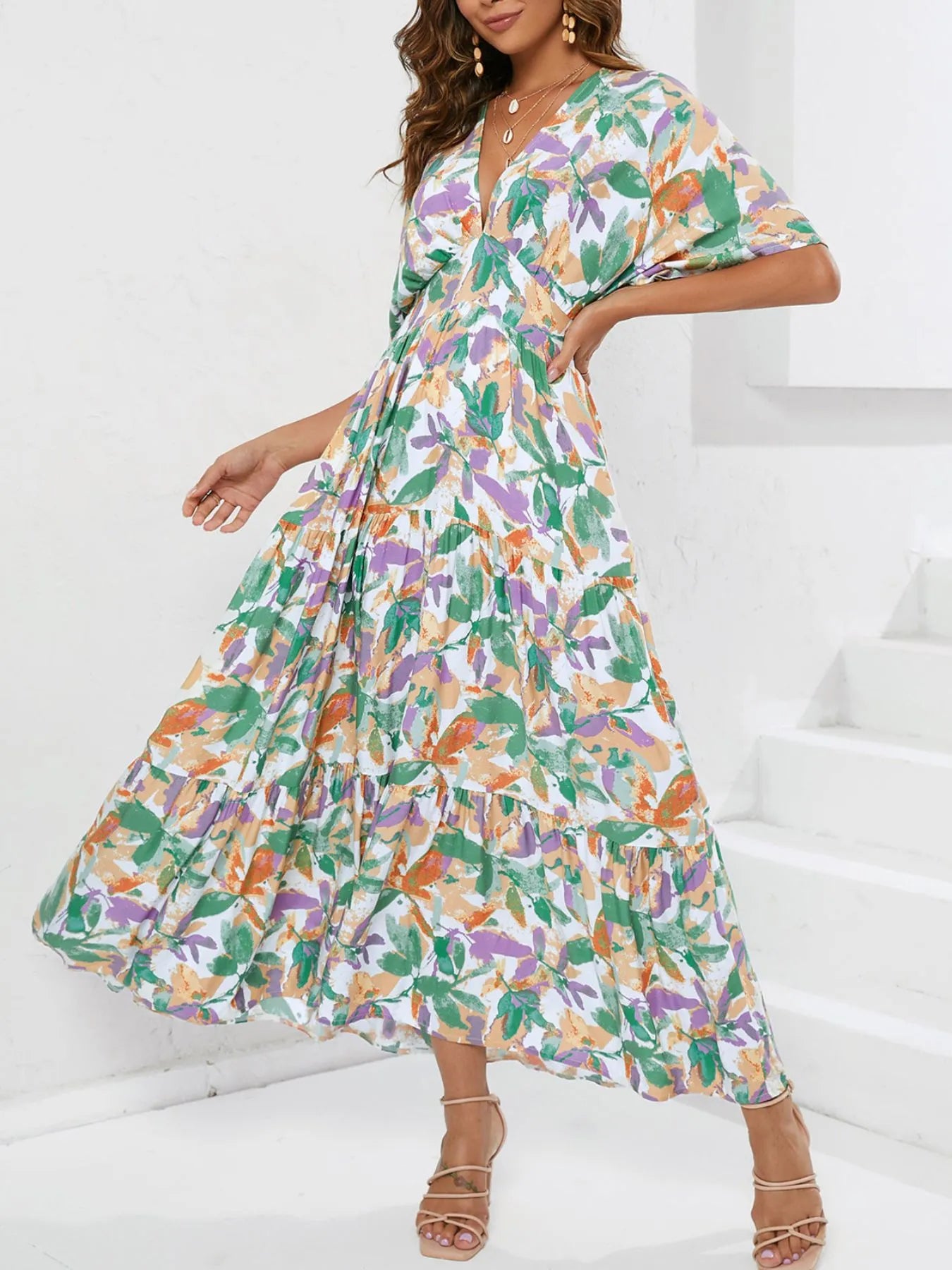 Floral Print V-neck Boho Midi Dress Gum Leaf / S