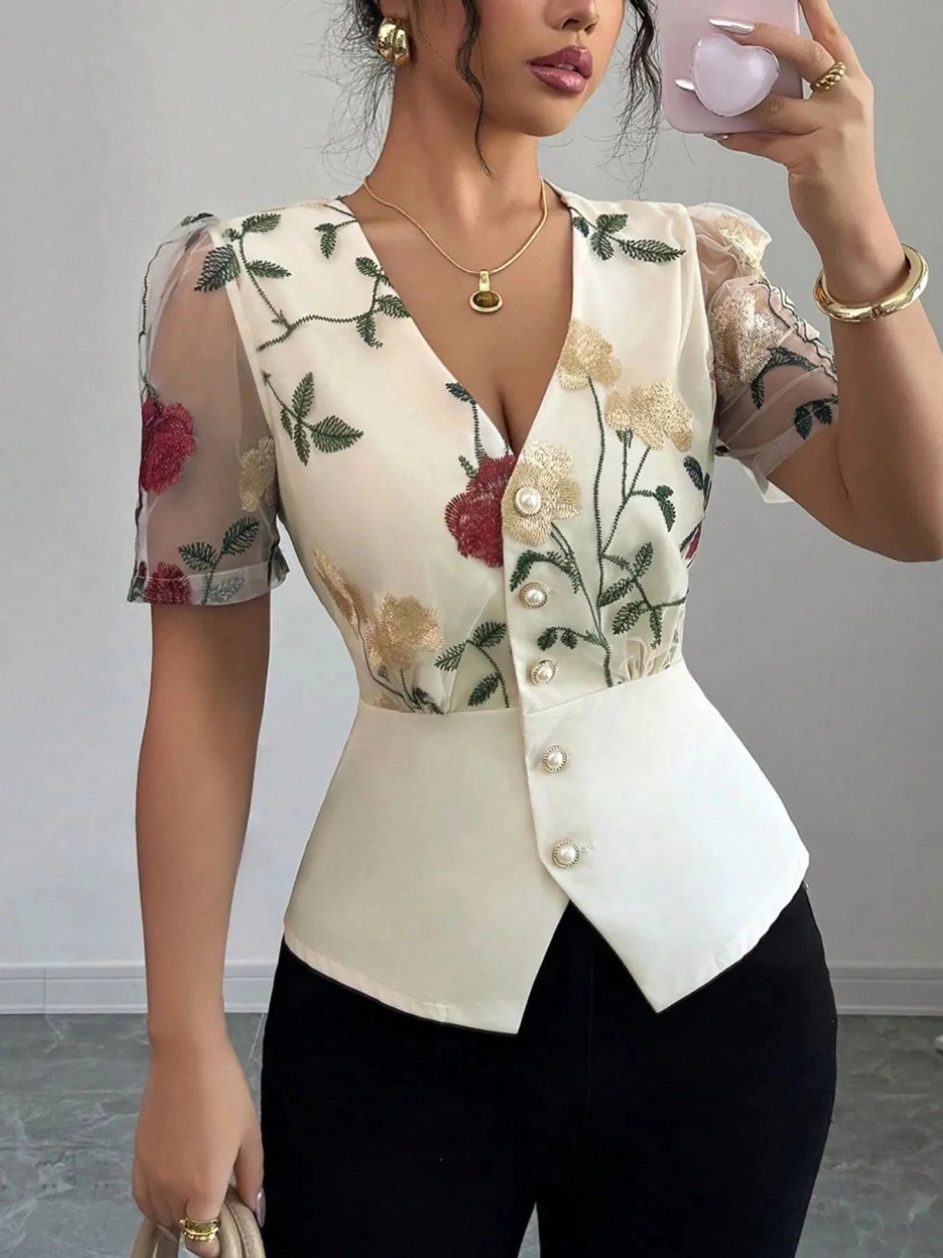 Floral Print V-Neck Button-Up Shirt