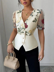 Floral Print V-Neck Button-Up Shirt Ivory / S