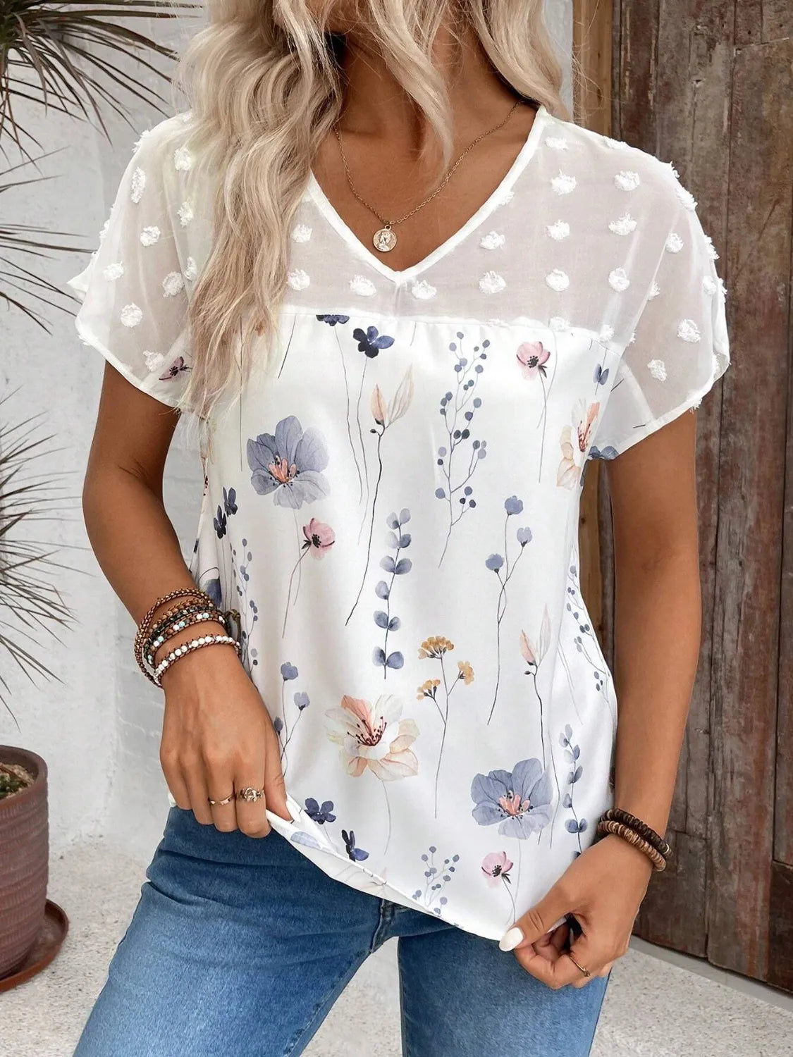 Floral Print V-Neck Flutter Sleeve Casual Top