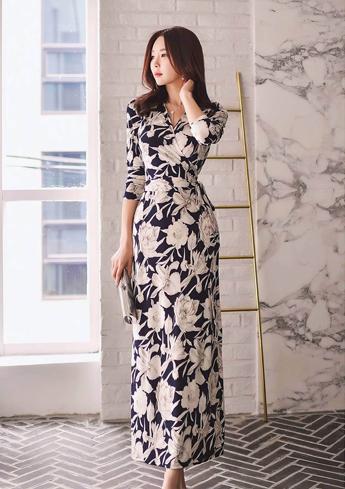 Floral Print V-Neck Wrap Maxi Dress S / Navy