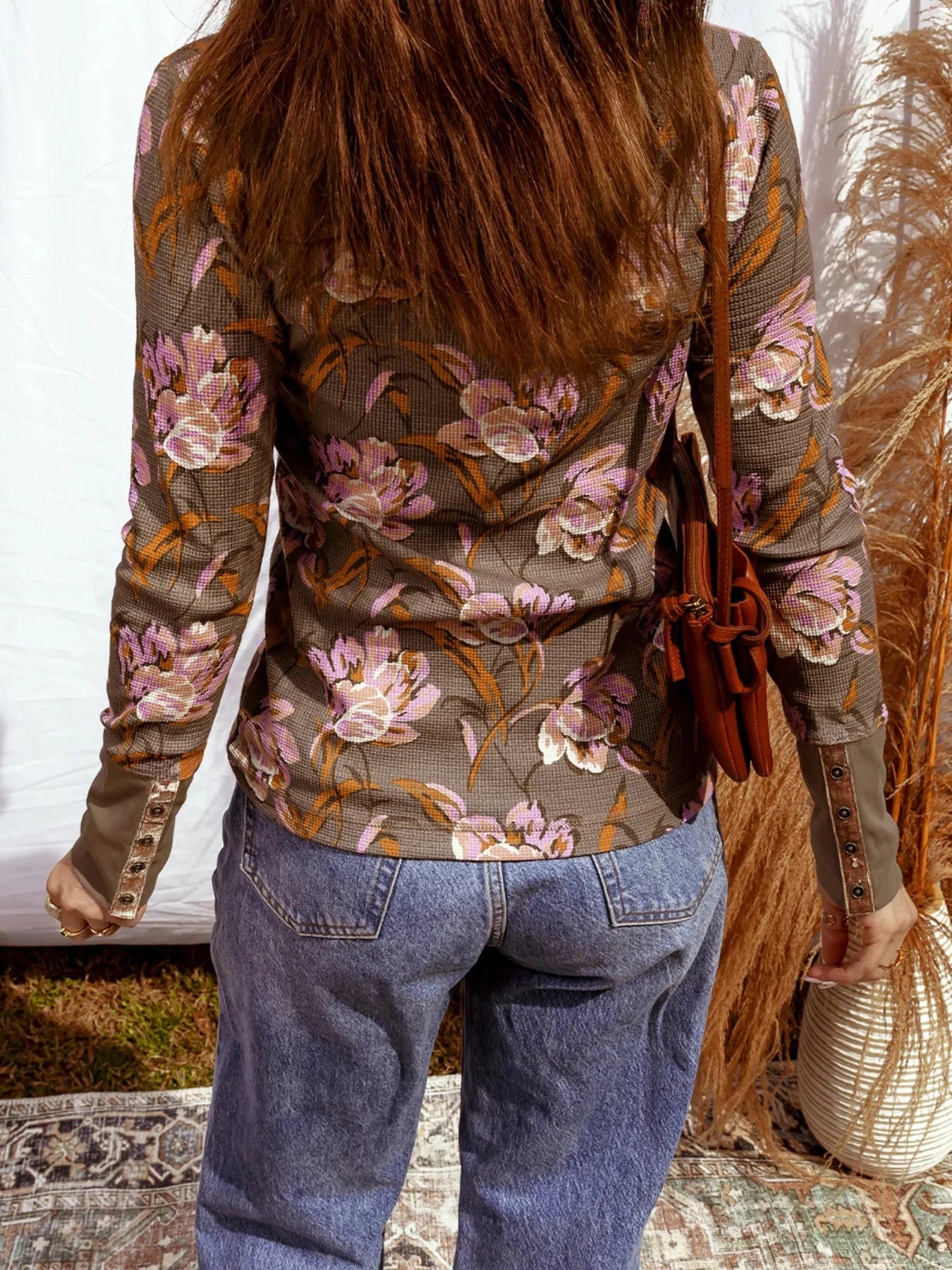 Floral Print Waffle Textured Long Sleeve Top