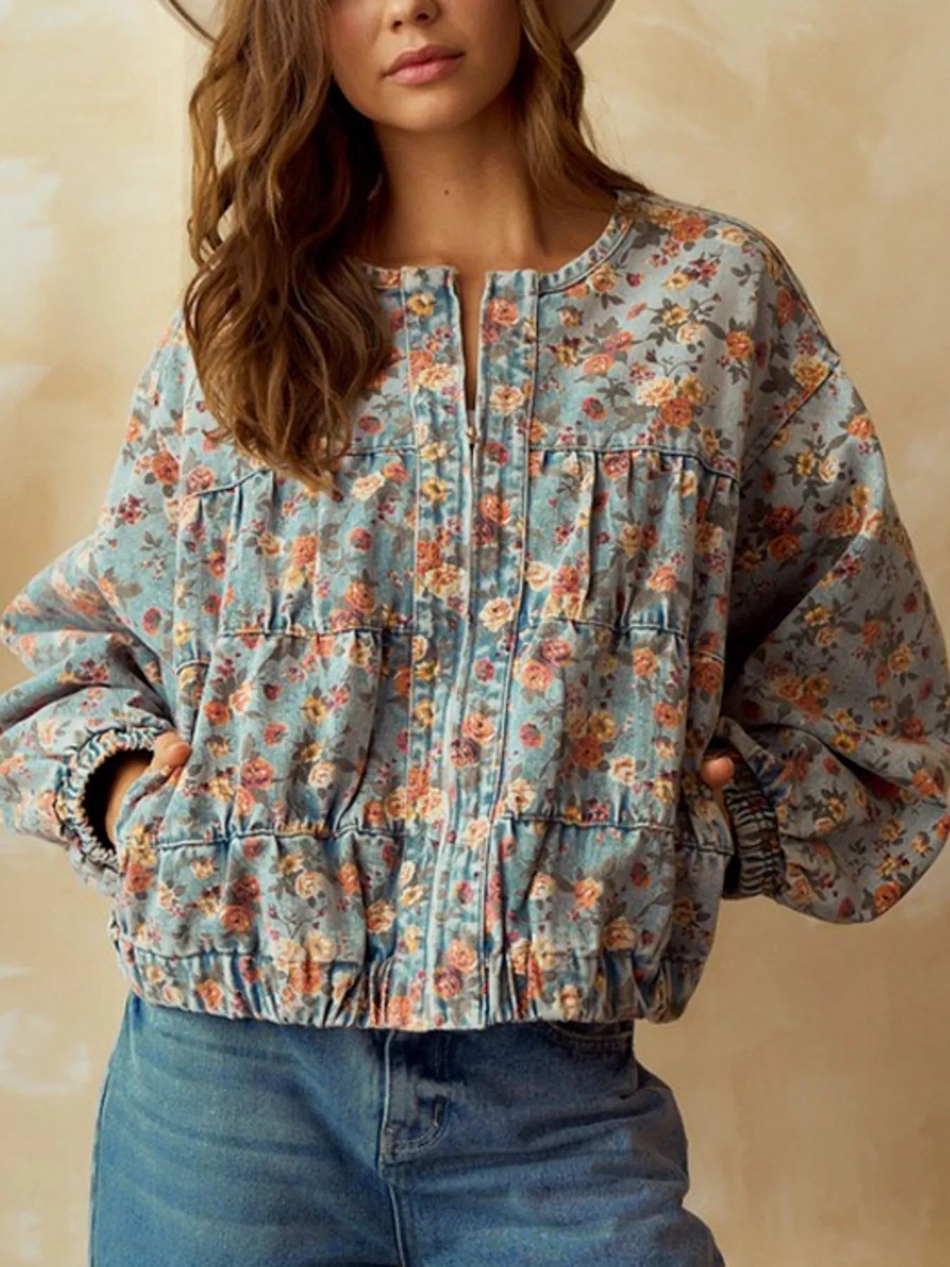 Floral Print Zip Up Cropped Denim Jacket Floral / S