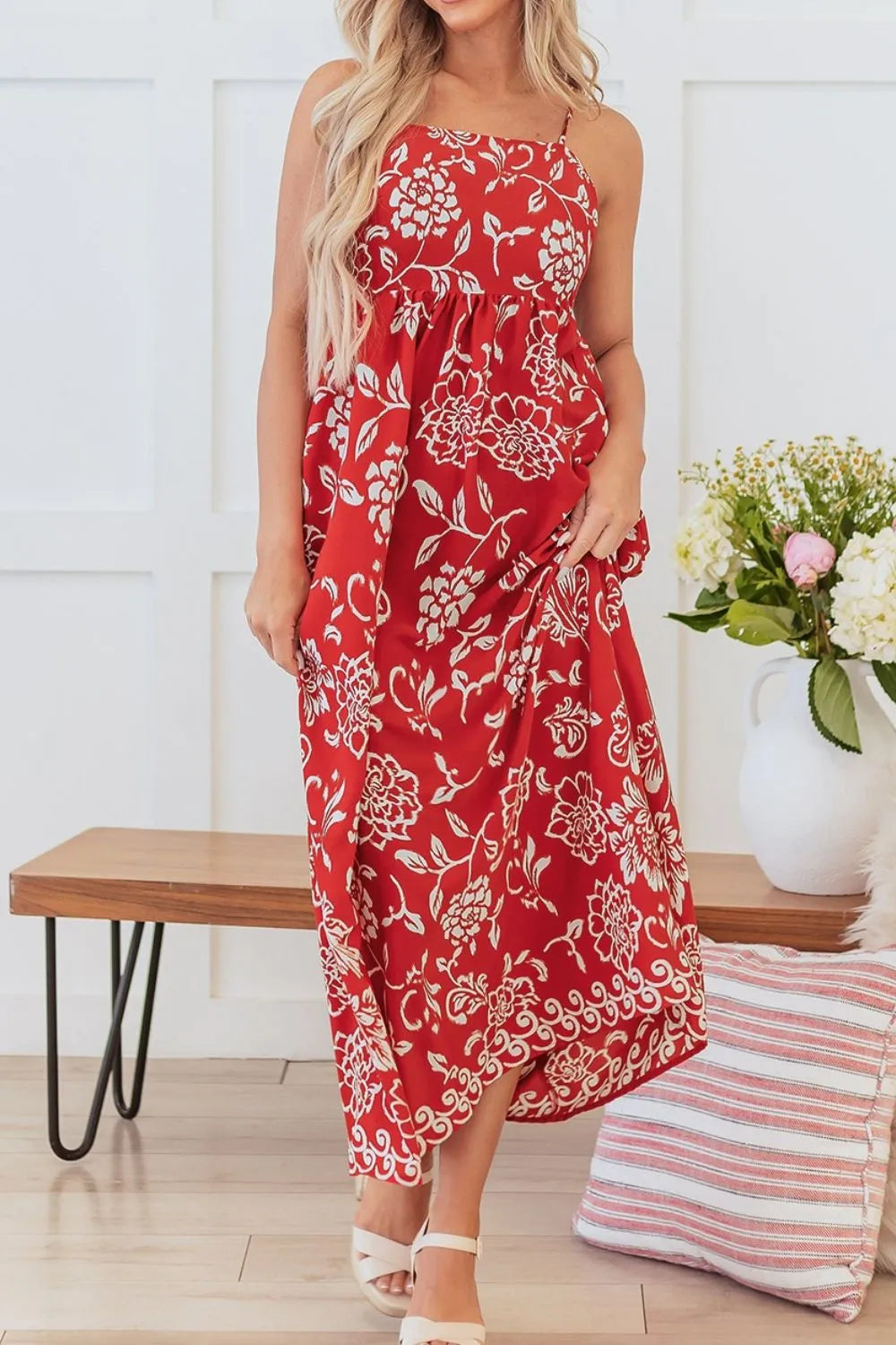 Floral Printed Spaghetti Strap Empire Waist Maxi Dress