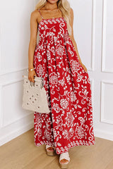 Floral Printed Spaghetti Strap Empire Waist Maxi Dress Red / S