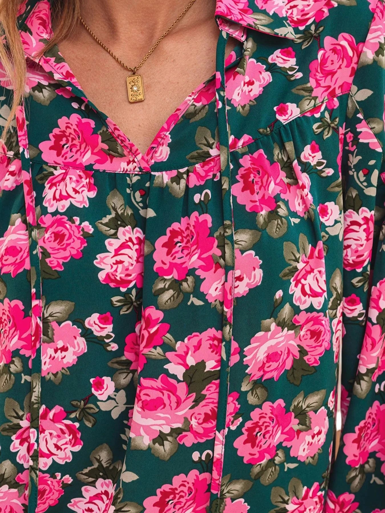 Floral Printed Tied Collar Puff Sleeve Blouse