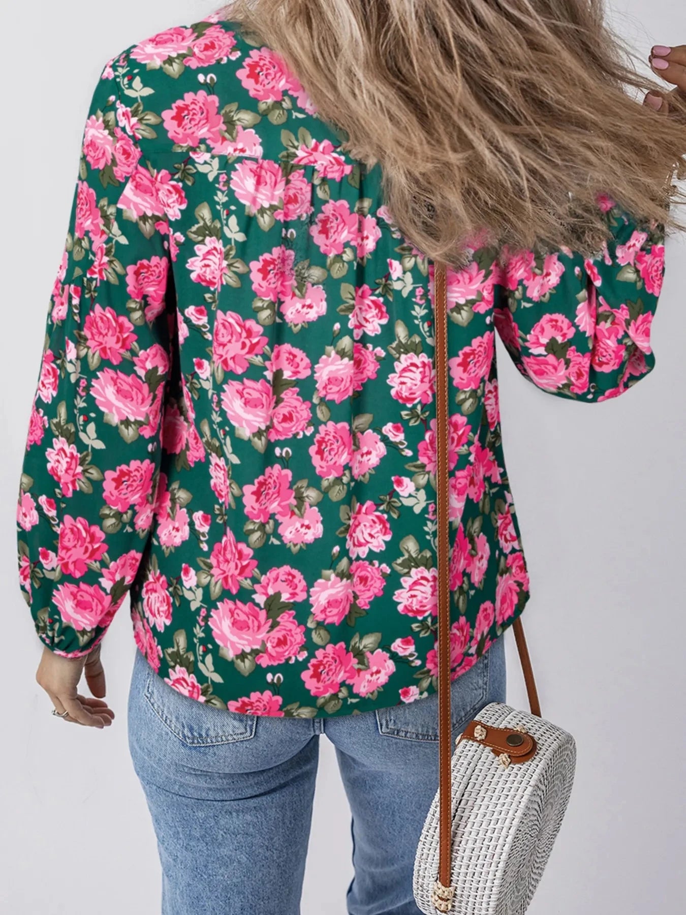Floral Printed Tied Collar Puff Sleeve Blouse
