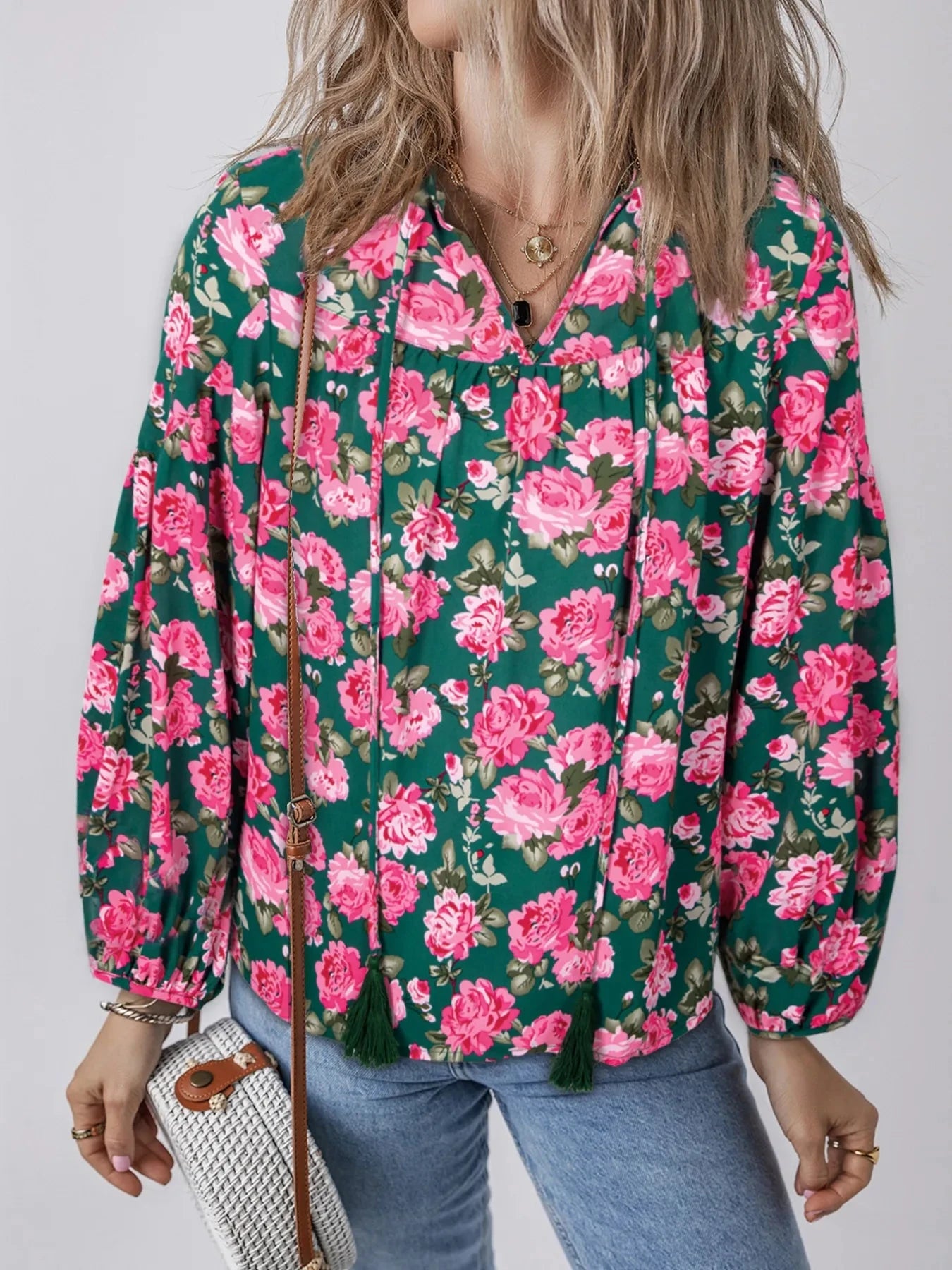 Floral Printed Tied Collar Puff Sleeve Blouse Floral / S