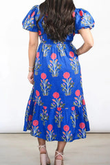 Floral Puff Short Sleeve Notched High Waist Dress