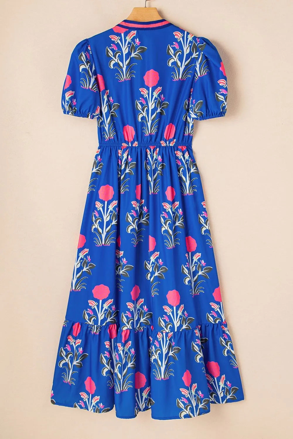 Floral Puff Short Sleeve Notched High Waist Dress