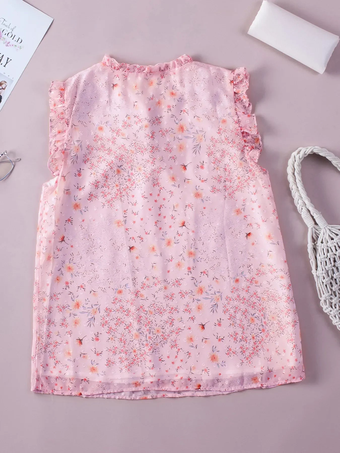 Floral Ruffle Tie Neck Sleeveless Blouse