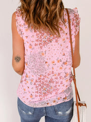 Floral Ruffle Tie Neck Sleeveless Blouse