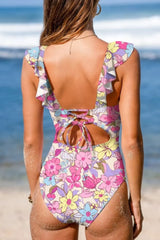 Floral Ruffle Trim Tummy Control One Piece Swimsuit