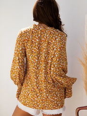 Floral Ruffled Bubble Sleeve Tie Neck Blouse