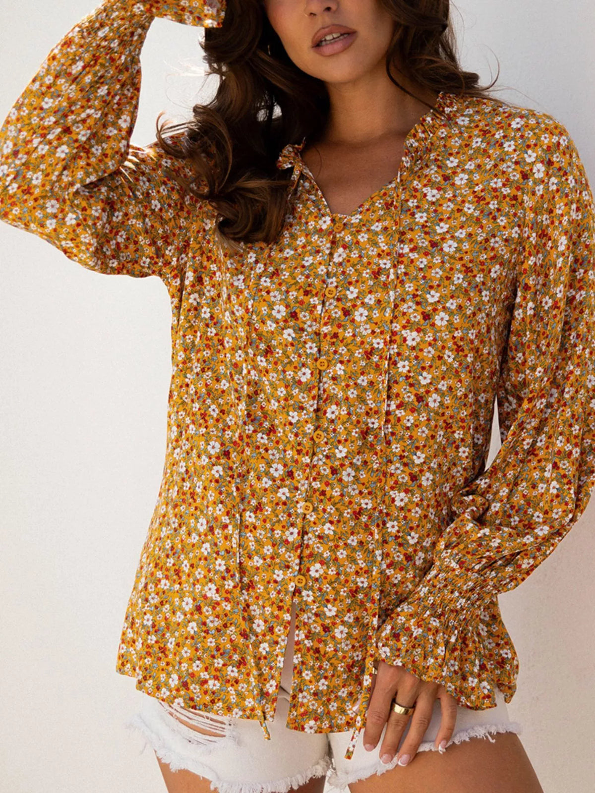 Floral Ruffled Bubble Sleeve Tie Neck Blouse Floral / S