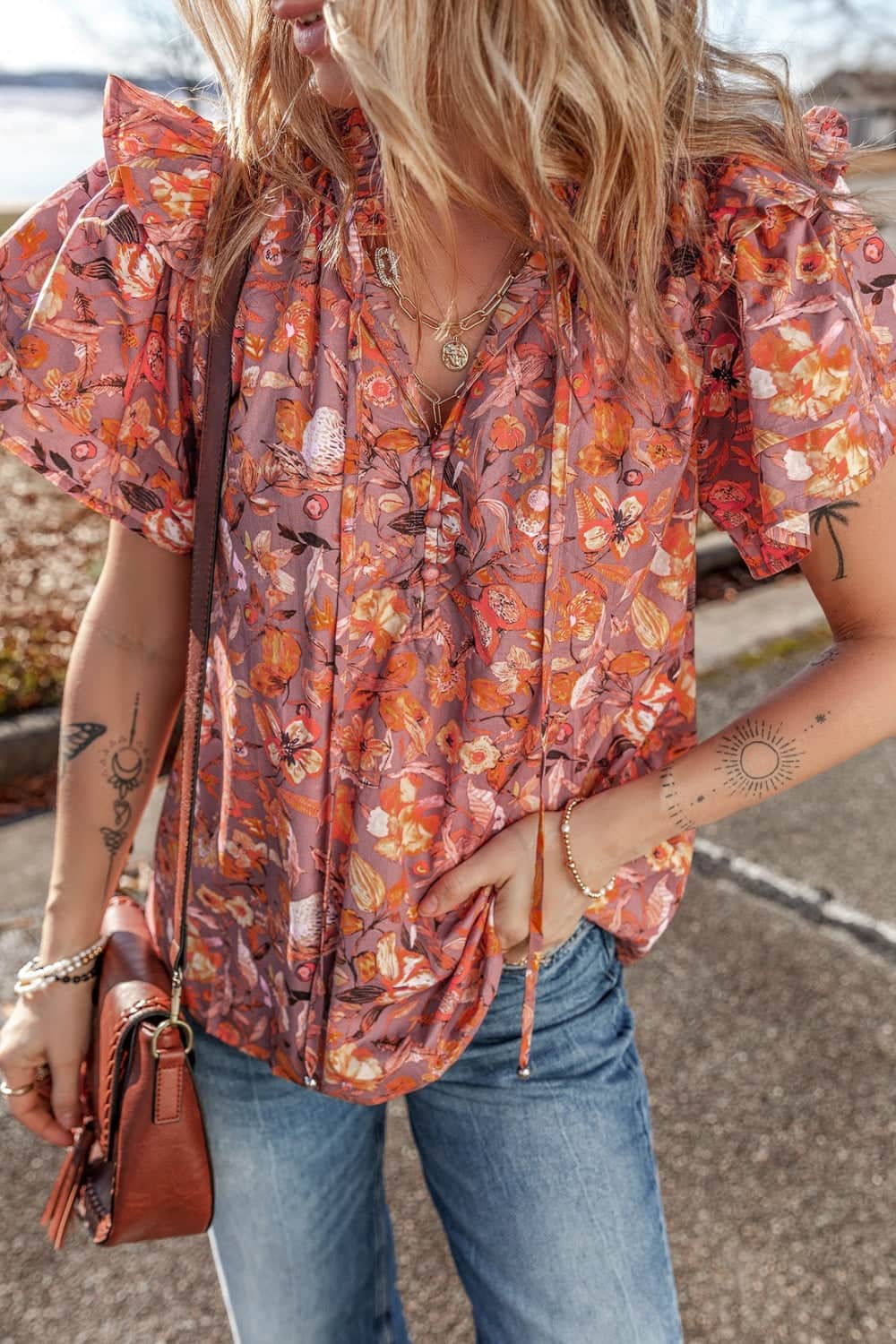 Floral Ruffled Layered Short Sleeve Tie Neck Blouse Floral / L