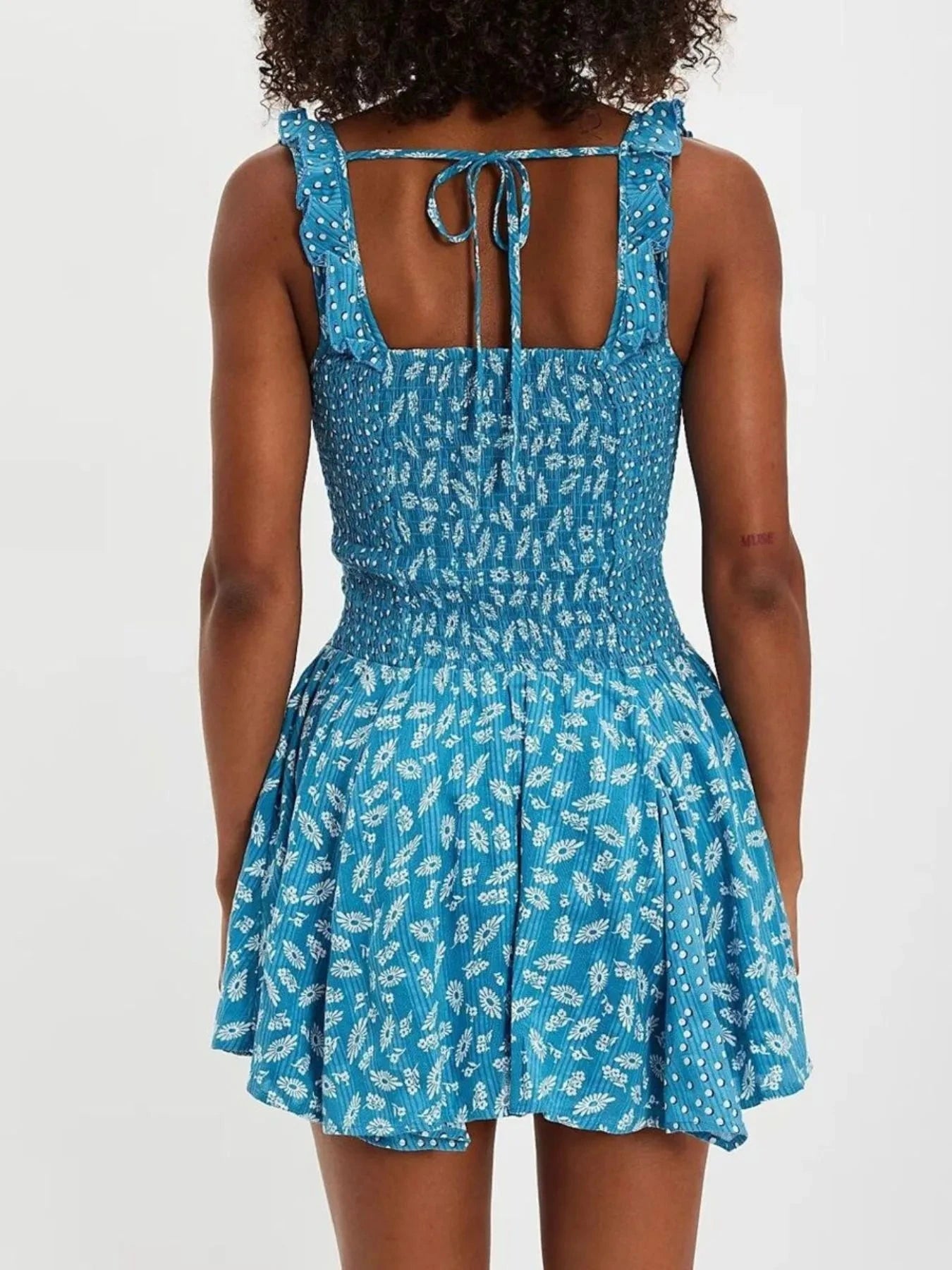 Floral Scoop Neck Mini Dress with Ruffle Hem Blue / S