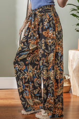 Floral Shirred High Waist Wide Leg Pants with Tie
