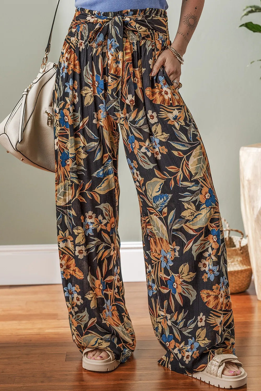 Floral Shirred High Waist Wide Leg Pants with Tie Black / L