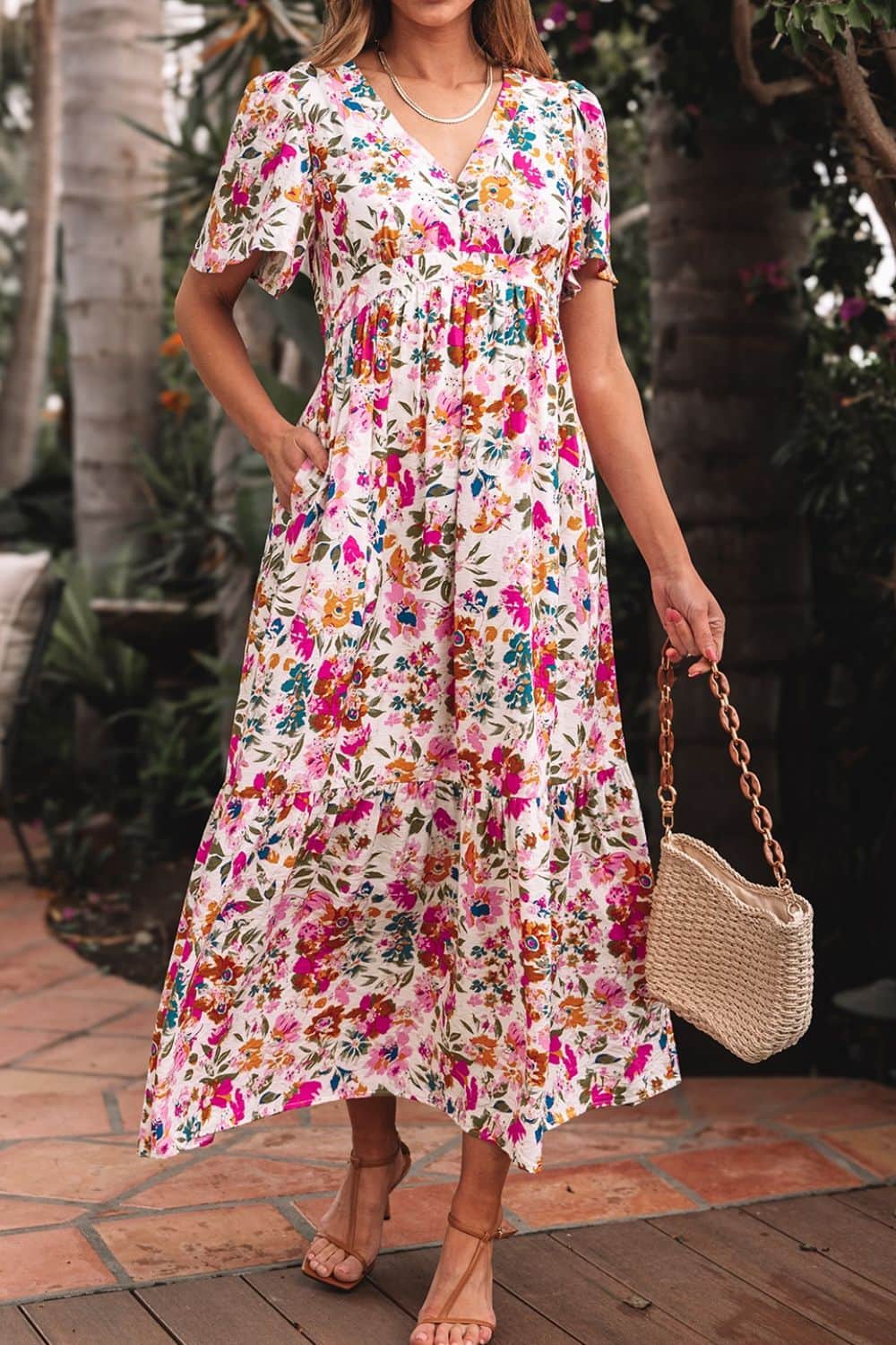 Floral Short Sleeve V Neck Dress with Pockets