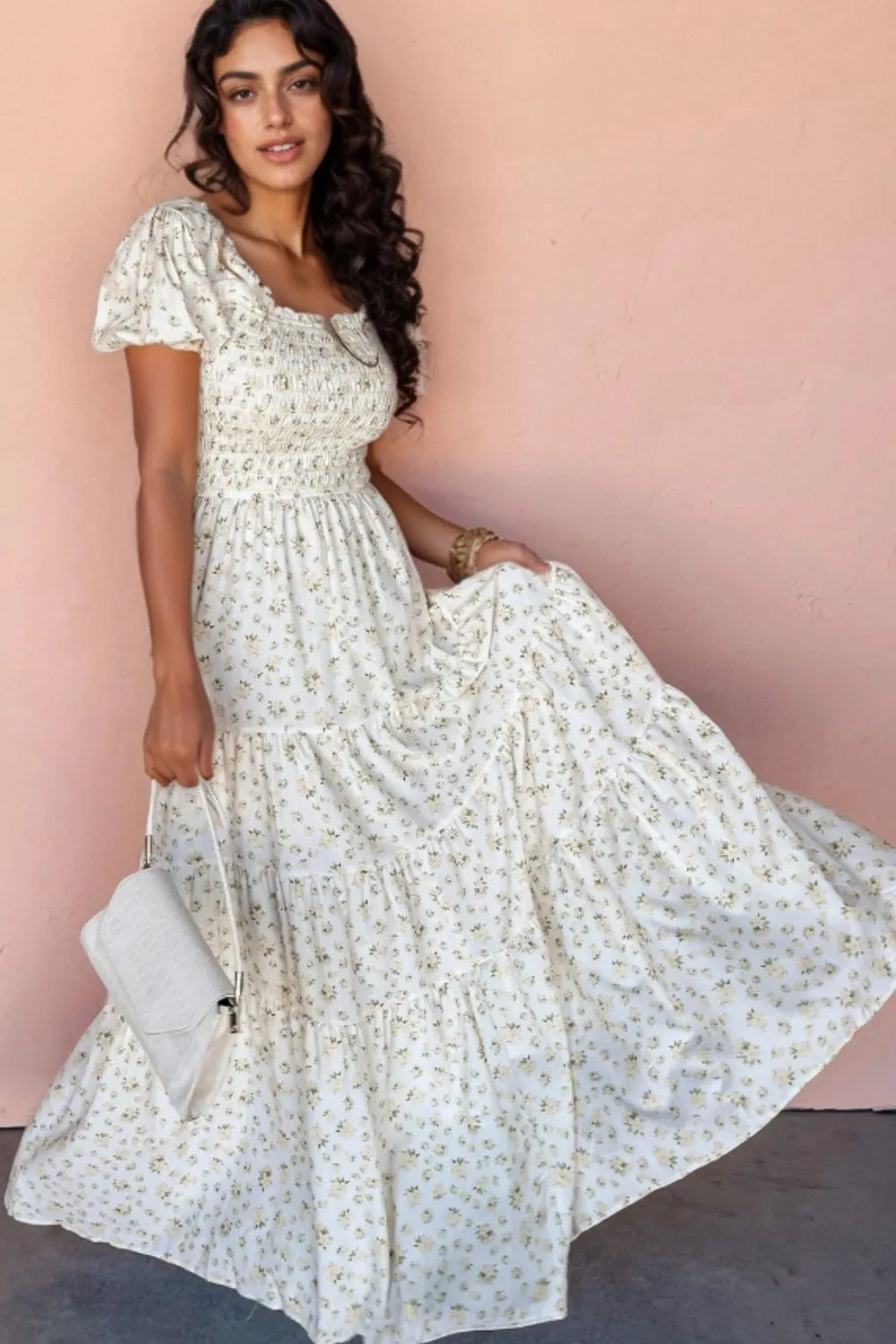 Floral Smocked Short Puff Sleeve Maxi Dress White / XL