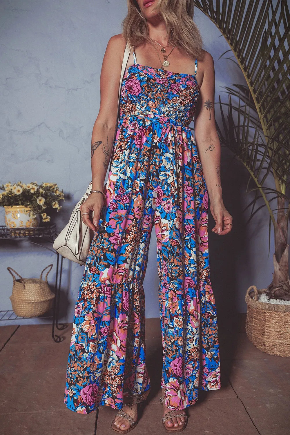 Floral Smocked Spaghetti Straps Wide Leg Jumpsuit