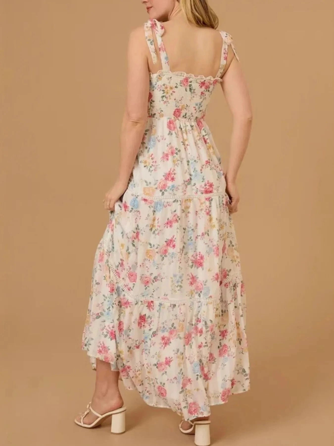 Floral Smocked Tiered Maxi Dress with Tie Straps