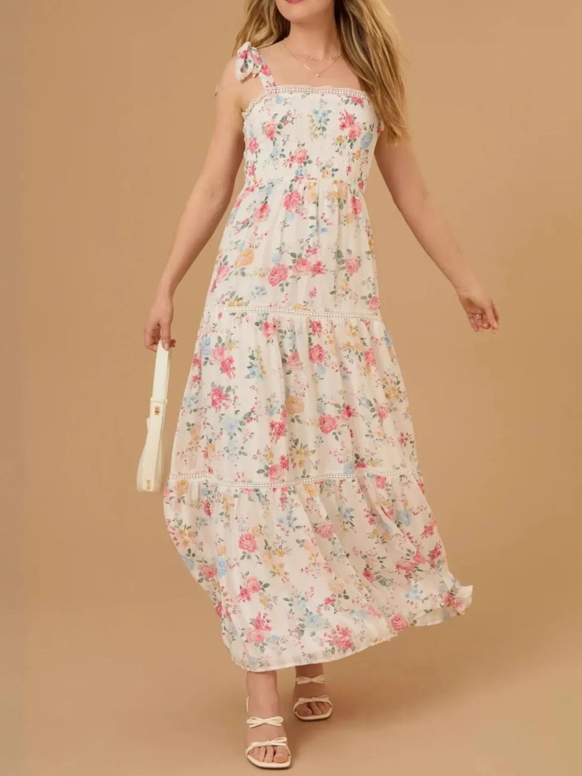 Floral Smocked Tiered Maxi Dress with Tie Straps Cream / S