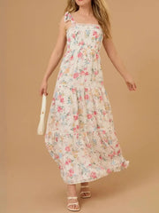 Floral Smocked Tiered Maxi Dress with Tie Straps Cream / S