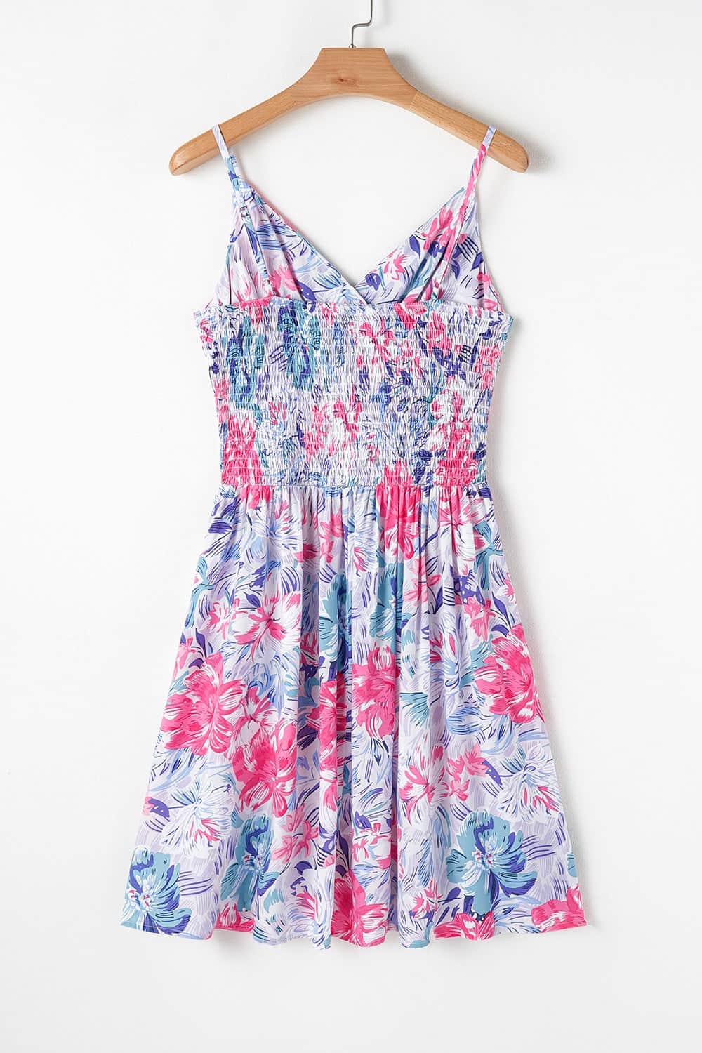 Floral Spaghetti Strap Surplice Neck Shirred Waist Mini Dress